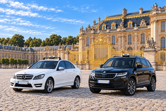La composition montre deux taxis, une berline blanche et un SUV sombre, devant les grilles dorées du château de Versailles.