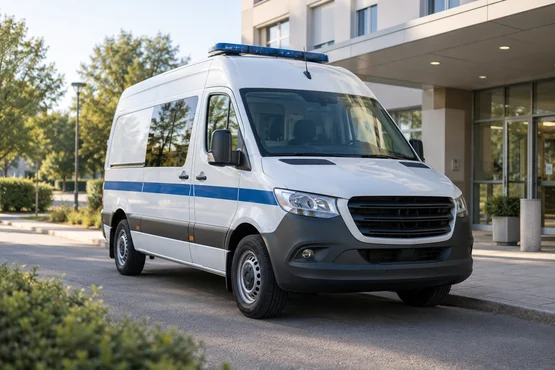 Ambulance blanche stationnée près d’un bâtiment dans un quartier calme