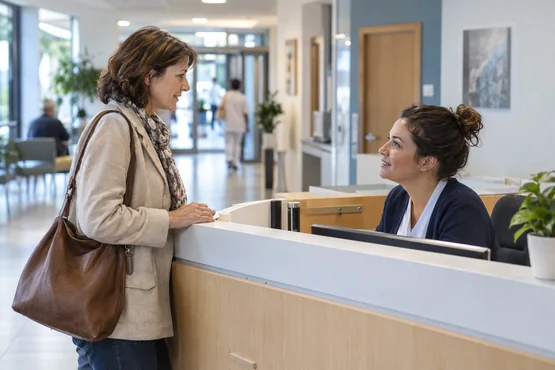 Adulte demandant un renseignement à l’accueil d’un établissement