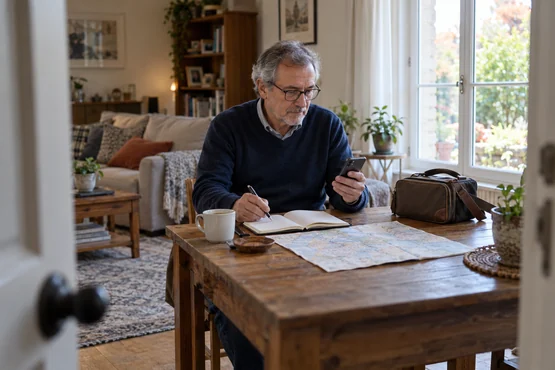 Homme consultant son téléphone près d’un carnet et d’un sac de voyage
