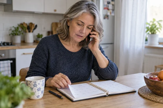 Femme vérifiant un agenda papier pendant un appel téléphonique
