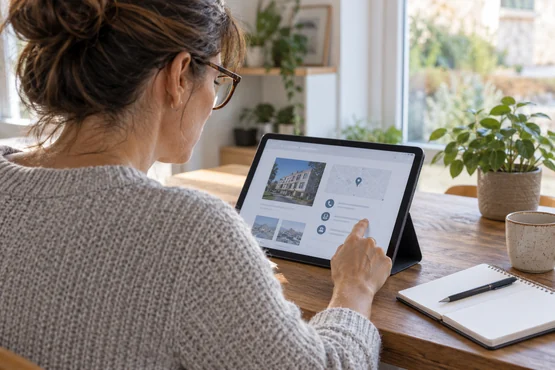 Personne consultant un site sur une tablette posée à une table