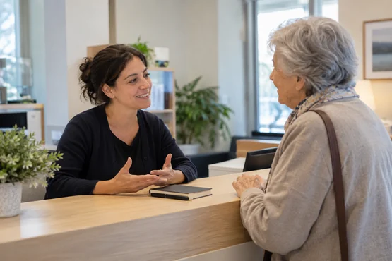 Deux adultes échangeant calmement à un comptoir d’accueil