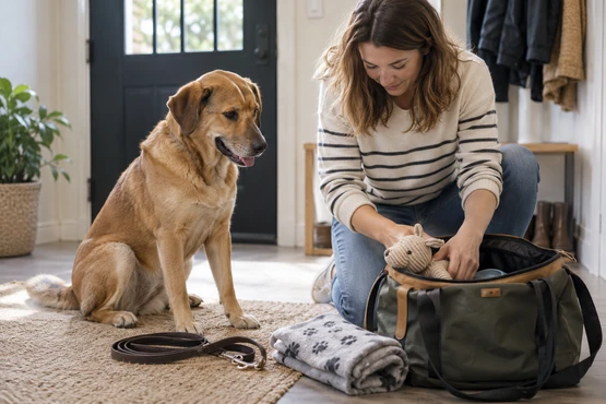 Une personne prépare un sac près d’un chien fauve assis dans une entrée