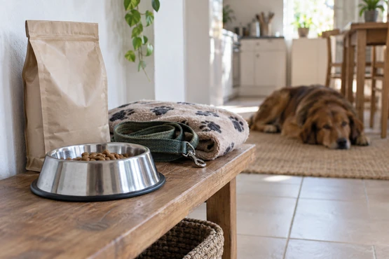 Une gamelle de croquettes, une laisse et une couverture sont préparées près d’un chien couché