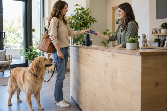 Une propriétaire avec son chien en laisse remet un carnet à un comptoir d’accueil