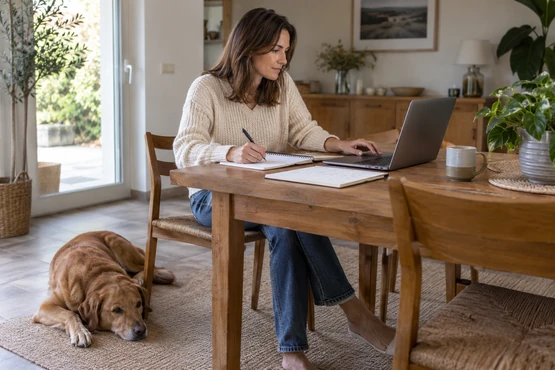 Une personne consulte un ordinateur et un carnet avec un chien couché près de la table