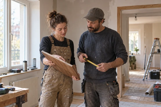 Artisans préparant un agencement intérieur dans une pièce en rénovation