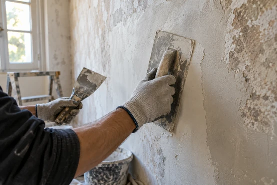 Des mains gantées lissent un enduit sur un mur intérieur avant la finition