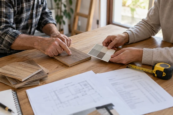 Deux personnes comparent des échantillons de bois et de peinture sur une table