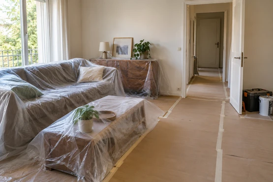 Un salon protégé par des bâches et du carton avec un passage dégagé vers une porte