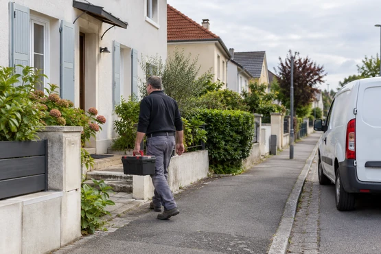 Un artisan porte une caisse à outils vers une maison près d’une fourgonnette blanche