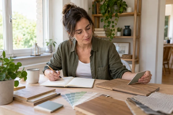 Une personne compare un échantillon de parquet et une palette de couleurs à une table