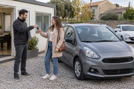 Professionnel et cliente préparant la remise d’une voiture de location