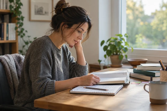 Une personne consulte un livre et un carnet à un bureau éclairé par une fenêtre