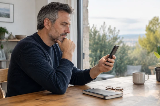 Un homme consulte son smartphone près d’une fenêtre avec un carnet posé sur la table