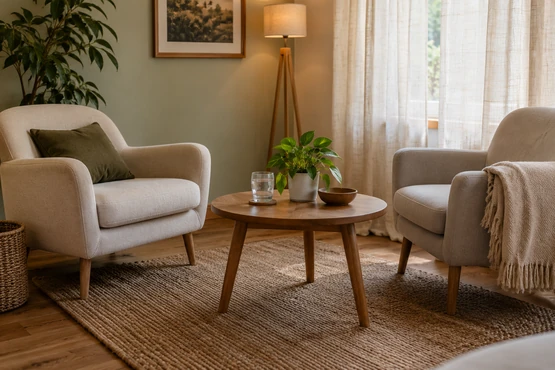 Deux fauteuils et une table basse dans une pièce lumineuse avec rideau en lin et plante