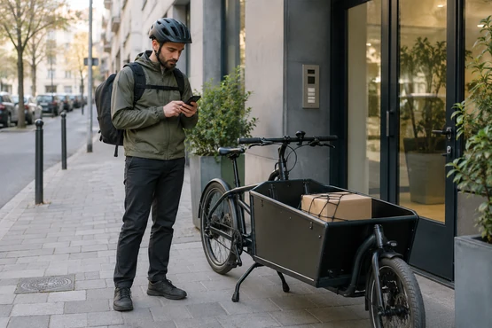 Un coursier à vélo consulte son téléphone près d’une entrée de bureaux.
