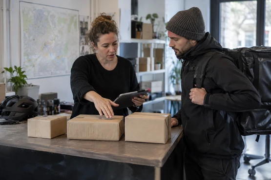 Un coursier et une personne chargée des envois échangent devant plusieurs colis.