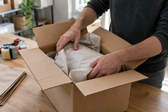 Des mains ajoutent du papier de calage dans un carton avant sa fermeture.