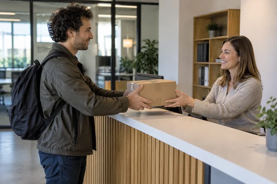 Un coursier récupère un colis fermé auprès d’une personne à l’accueil d’un bureau.