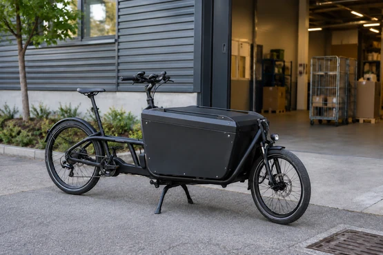 Un vélo cargo équipé d’un caisson fermé stationne devant une entrée logistique.