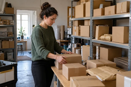 Des colis sont organisés sur des étagères et un comptoir avant une collecte.