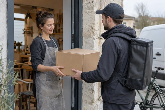 Un expéditeur remet un colis fermé à un coursier devant l’entrée d’un atelier.