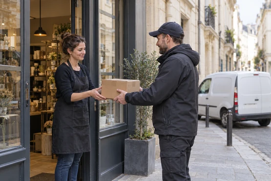 Coursier remettant un petit colis fermé à l’accueil d’un commerce, près d’un utilitaire discret.