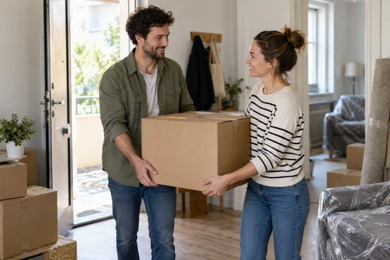 Deux adultes portant un carton dans l’entrée lumineuse d’un logement