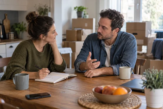 Deux adultes comparant des notes autour d’une table avec des cartons en arrière-plan