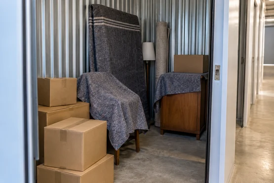 Cartons et mobilier protégé dans un espace de stockage propre