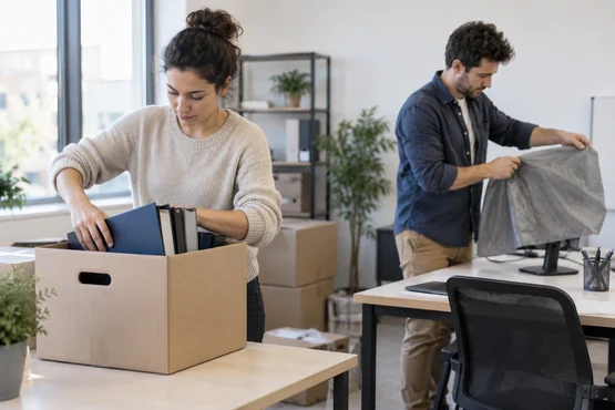 Deux collègues emballant du matériel de bureau dans des cartons
