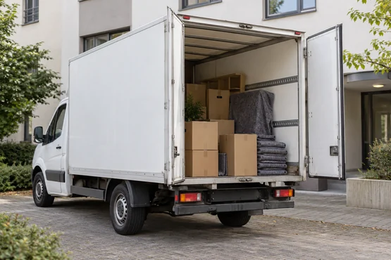 Camion de déménagement sans marque avec des cartons dans son espace de chargement