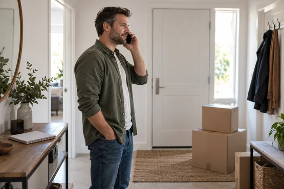 Homme téléphonant dans une entrée près de quelques cartons préparés
