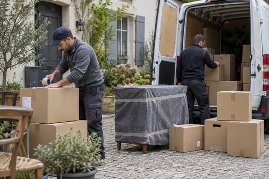 Deux déménageurs préparant des cartons et un meuble protégé près d’un utilitaire dans une cour.