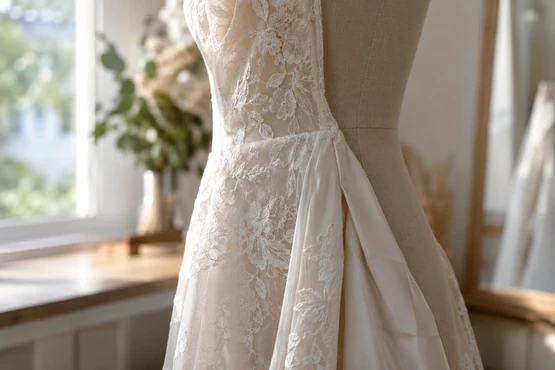Un détail de robe ivoire montre une couture et une superposition de dentelle sur mannequin