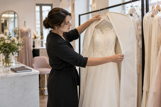 Une professionnelle protège une robe ivoire suspendue dans une housse ouverte