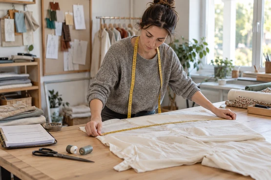 Une professionnelle mesure un tissu ivoire sur une table avec un carnet et des outils de couture