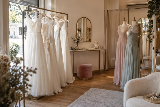 Des robes ivoire sur un portant et deux robes pastel sur mannequins dans une boutique lumineuse