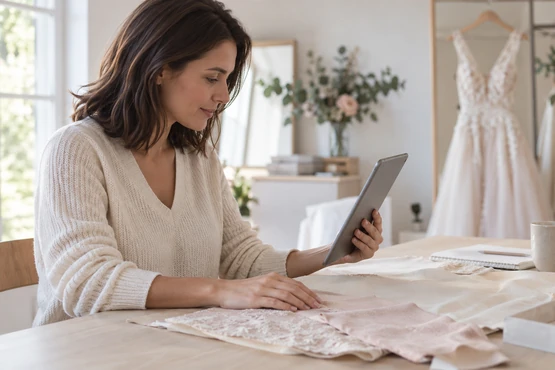 Une personne consulte une tablette près d’échantillons de tissu ivoire et rose