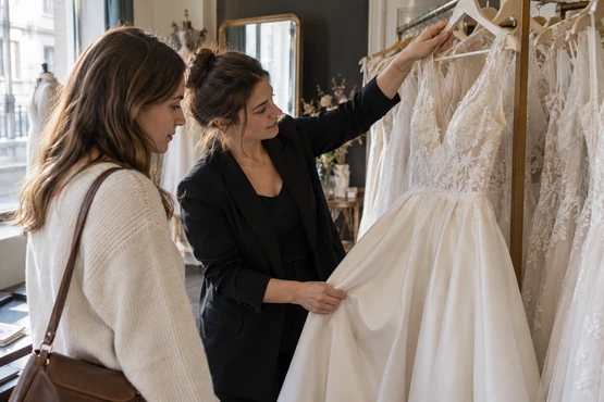 Conseillère et cliente découvrant une robe de cérémonie en boutique