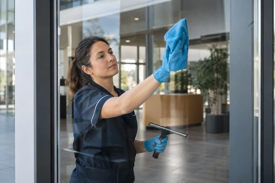 Une agente d’entretien essuie une vitre avec une microfibre bleue