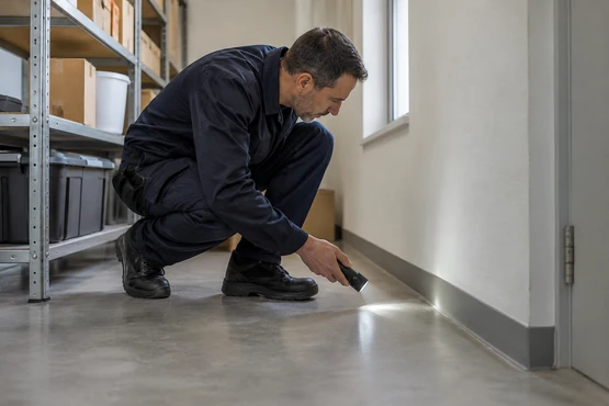 Un technicien examine une jonction de plinthe avec une petite lampe dans une réserve