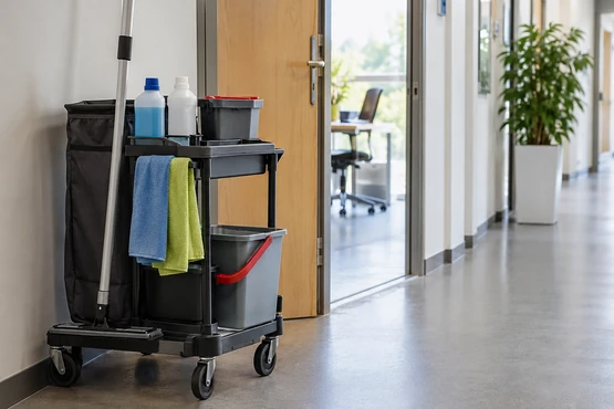 Un chariot de nettoyage rangé au bord d’un couloir de bureaux lumineux