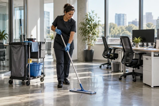 Professionnelle de la propreté entretenant un espace de bureaux lumineux