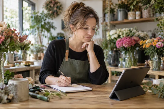 Commerçante consultant une tablette sur le comptoir de sa boutique