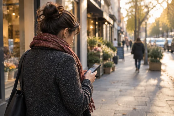 Personne regardant son téléphone devant une rue de commerces