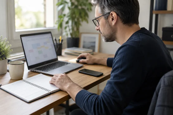 Professionnel consultant un ordinateur avec un agenda papier sur le bureau