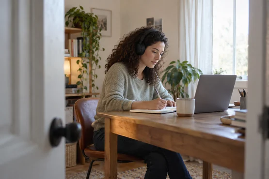 Femme équipée d’un casque prenant des notes pendant un échange à distance